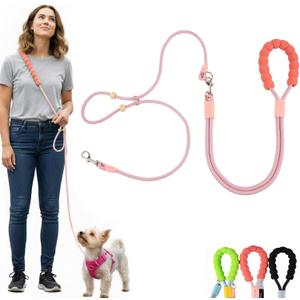 Hands Free Dog Leash for Small Medium Large Dogs, Single or Double Dog Leash with Adjustable Length Split Leads and Padded Handles (Blush) One Dog