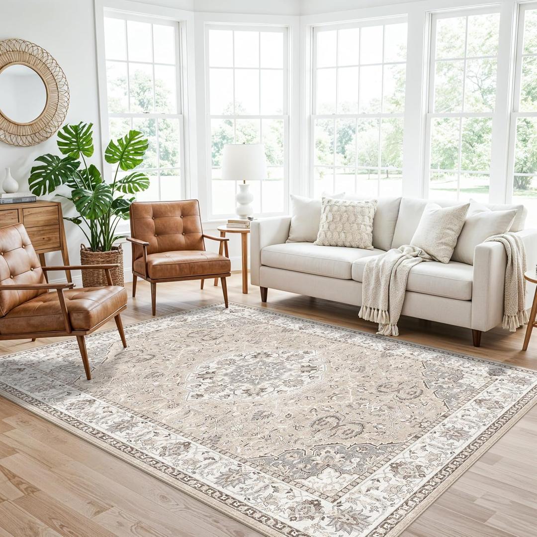 Washable 5x8 Living Room Area Rug: Vintage Water-Resistant Soft Rug for Bedroom Dining Room Non Slip Apartment Low Pile Carpet Thin Floor Mat for Dorm Home Office Printed Beside Rug(5x8Beige)