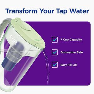 PUR 7-Cup Water Pitcher, 1 Genuine Filter, Cleaner, Great-tasting Water, Dishwasher Safe, Powerful, Faster Filtration, LockFit Cap Design - Lime