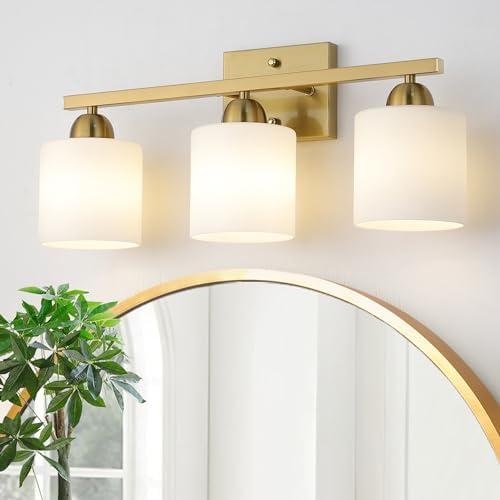 Mecgirn Stainless Steel Milk Glass Bathroom Vanity Light Over Mirror, 3 Light Brushed Gold Bathroom Light Fixtures with Frosted Glass, Modern Vanity Lighting Wall Mount