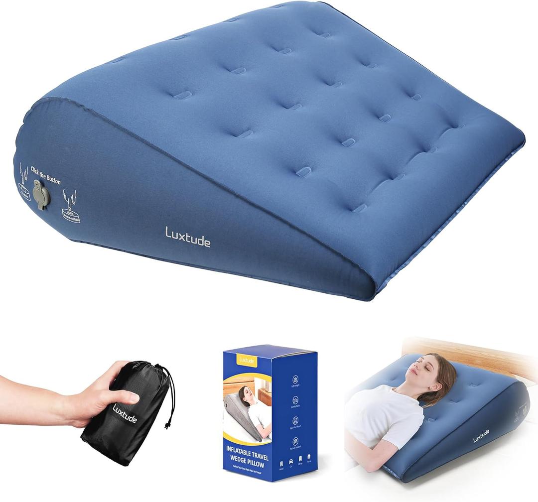 Luxtude Inflatable Wedge Pillow for Sleeping, Travel Wedge Pillow for Acid Reflux Relief, Sleep Apnea, Adjustable Bed Wedges Pillows for Back Pain Relief, Post-Surgery, Snoring and Leg Support, Blue 