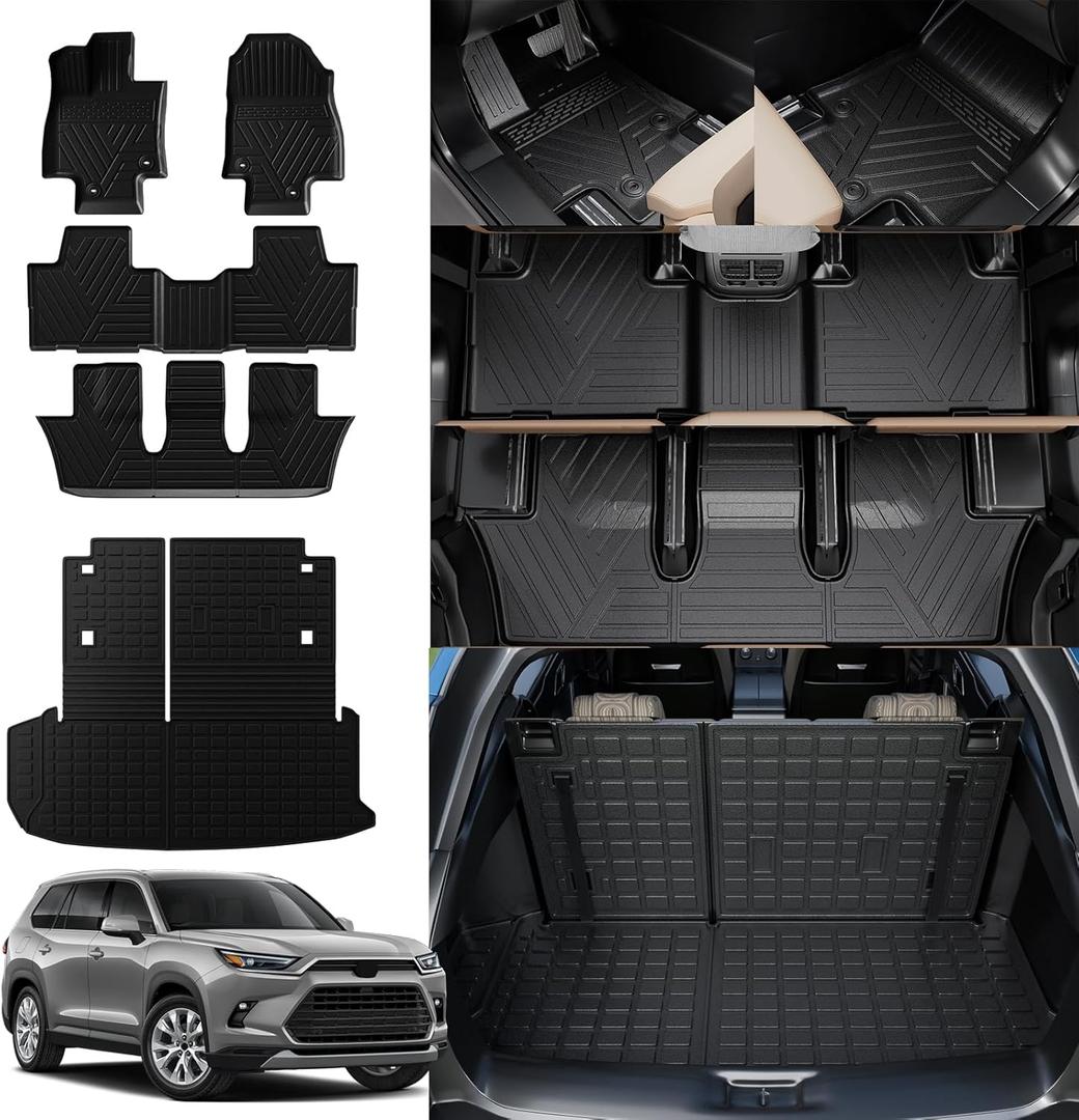 Rongtaod Floor Mats Compatible with 2024 2025 Toyota Grand Highlander Cargo Mat Cargo Liner Trunk Mat Back Seat Cover Protector Grand Highlander Accessories (Trunk Mat with Backrest Mat+Floor Mats) (Floor Mats Full Set(5pcs))