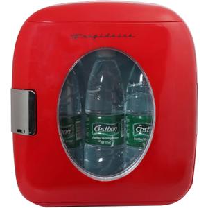 Frigidaire Retro Mini Personal Fridge Cooler, Holds 9L or 12 Cans, Portable for Car, Office, Bedroom, Dorm Room, or Cabin, Features Plugs for Home Outlet & 12V Car Charger - 10"D x 7"W x 10.5"H, Red