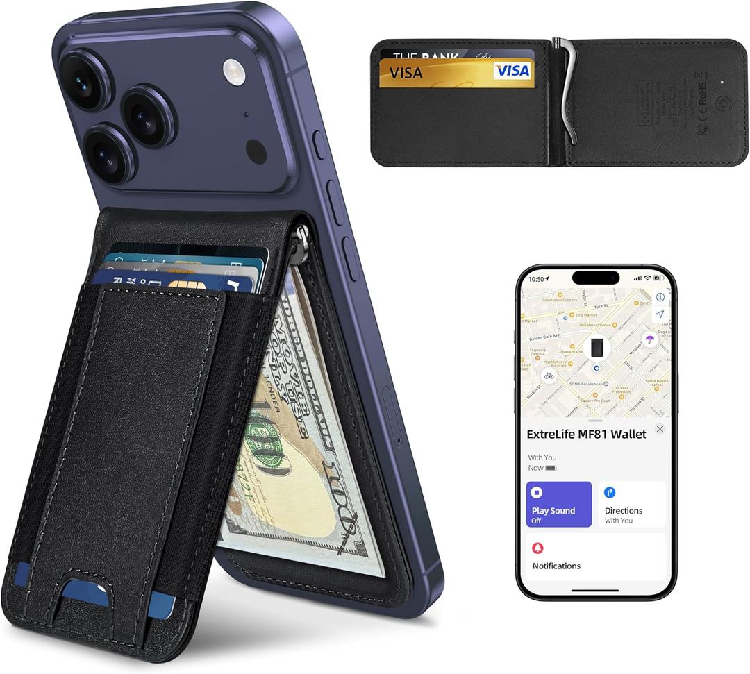 ExtreLife MagSafe Wallet with Money Clip, Work with Apple Find My, Magnetic Phone Wallet Stand for iPhone 17/16/15/14/13/12 Series, 8 Card Holder, RFID Blocking, Rechargeable, Classic Black