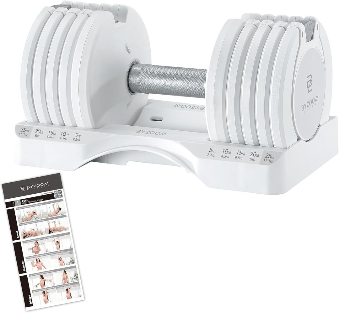 Adjustable Dumbbell 12.5/25lb Set of 2 or Single Unit Piece Weight Training Fitness Exercise Body Workout 5 in 1 for Home Gym Beginners Woman (25lb White Single Piece)