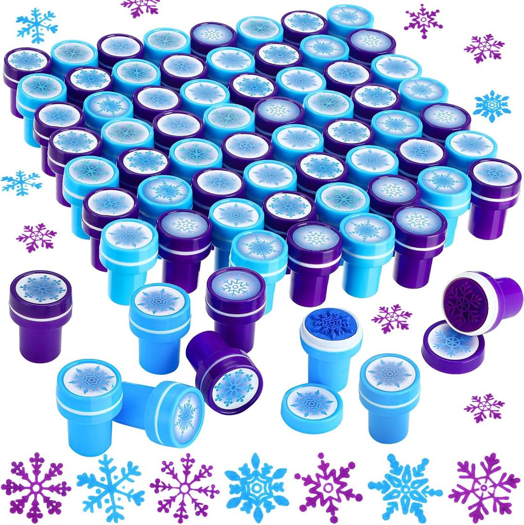 Skylety 60 Pieces Winter Snowflake Stamps for Kids Self Ink Assorted Plastic Snowflake Hand Stampers for Card Making Holiday Winter Wonderland Birthday Party Decorations Supplies(Blue, Purple) (Dark Blue, Light Blue)