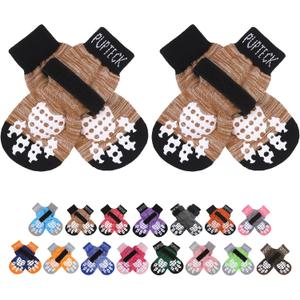 PUPTECK Anti-Slip Dog Socks with Double Sides Grips for Small Medium Large Dogs Hardwood Floors Prevents Licking, Dog Shoes for Hot Pavement Traction Control Paw Protector for Senior Dogs, Khaki S (Small (4 Count), Brown)