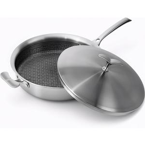 12 Inch Frying Pan Non Stick with Lid, Tri-ply Stainless Steel Saute Pan 5.2QT with Stainless Steel Lid, Fast and Even Heating Stay Cool Handles Induction Dishwasher & Oven Safe PFOA Free Cookware