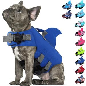 Dog Life Jacket Shark Life Vest for Dogs, Adjustable Swimming Vest with High Buoyancy, Safety Lifesaver with Rescue Handle for French Bulldog  Medium Breeds, Dark Blue M