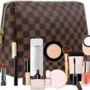 BAGCRAZY Checkered Makeup Bag Set, Elegant Travel Cosmetic Bag 2 Pack, Waterproof PU Leather Makeup Organizer with Zipper for Women