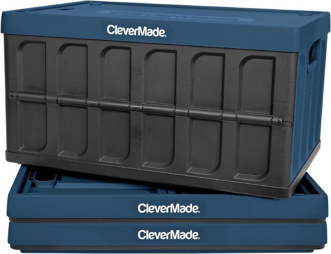CleverMade Collapsible Storage Bins with Lids (62L, 3 Pack) Heavy Duty Foldable Plastic Storage Crates for Garage, Closet & Trunk Organization - Ocean