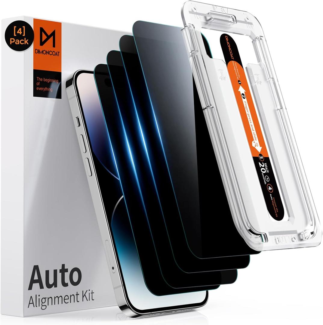DIMONCOAT 4-PACK TOP 9H+ Glass for iPhone 14 Pro Privacy Screen Protector [Auto Alignment Kit] [10X Military Protection] UNBREAK Tempered Glass Film for iPhone 14 Pro 6.1 inch [Case Friendly]