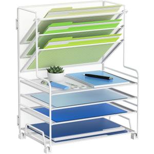 4-Tier Paper Organizer + 3-Pocket File Holder + Drawer + Pen Holders, Desktop File Organizers Paper Tray for Office Supplies School Classroom Organization (White, no Drawer & Pen Holder)