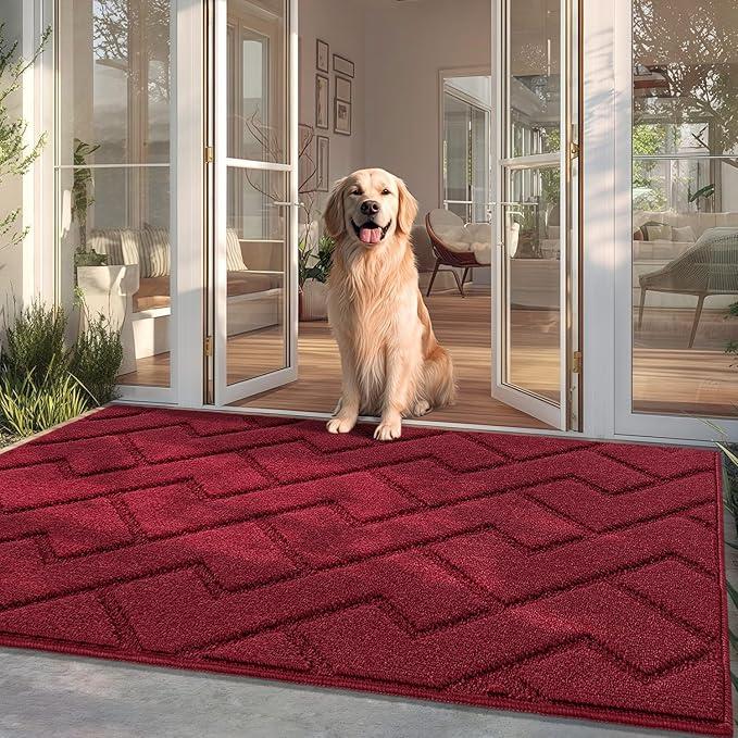 hicorfe Front Door Mat Outside Entrance,36"x59" Absorbent Muddy Dirt Resist Welcome Door Mats Outdoor Indoor,Stain and Fade Resistant,Non Slip Backing Entry Mat Doormat for Entryway(Red)