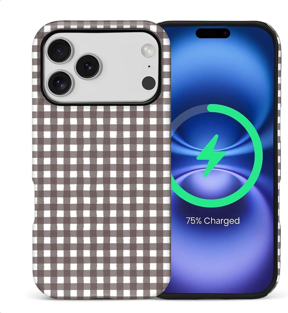 for iPhone 17 Pro Case for Women Girl Men Boy, Compatible with MagSafe, Shockproof Soft Silicone & Hard PC Shell Protective Case for iPhone 17 Pro - Brown Gingham Retro Checkerboard