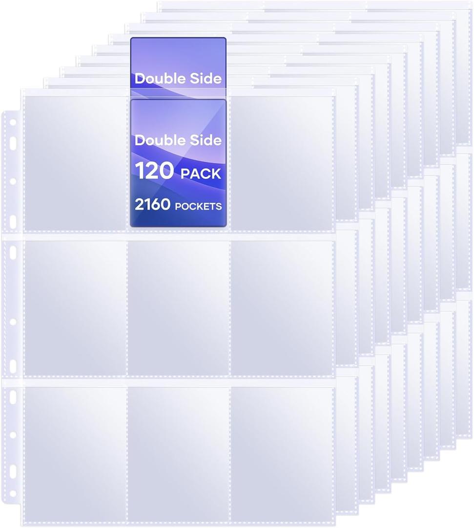 120 Pack 9 Pocket Double Side Card Sleeves Binder Sheets Holds 2160 Cards,Trading Card Binder Sleeves for 3 Ring Binder, Card Sleeve Pages fit for Baseball, Football, Business, Cards (Clear)