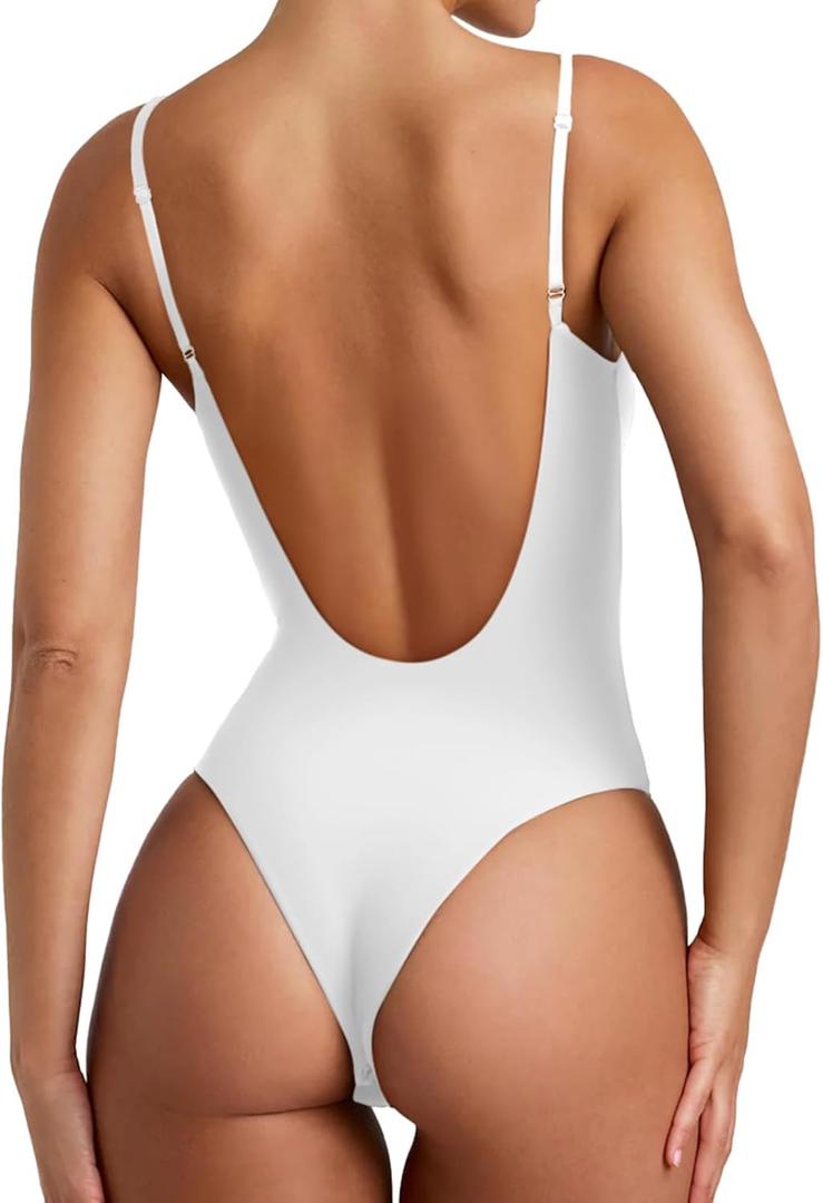REORIA Womens Sexy Trendy Open Back V Neck Spaghetti Strap Backless Trendy Cami Bodysuit Tops (Medium, White)
