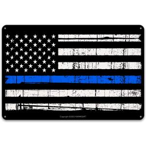 KAIMKEART Blue Lives Matter Flag Metal Tin Sign Wall Decor Man Cave Bar Police Officer Thin Blue Line Gift