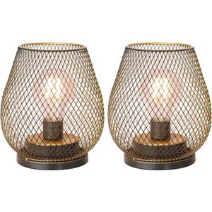 NEEDOMO Set of 2 Battery Operated Lamp Outdoor Table Lantern, LED Metal Cage with Timer Mode, Vintage Decorative Lights Cordless Lamp Indoor Outdoor Patio Bedroom Living Room (Golden)
