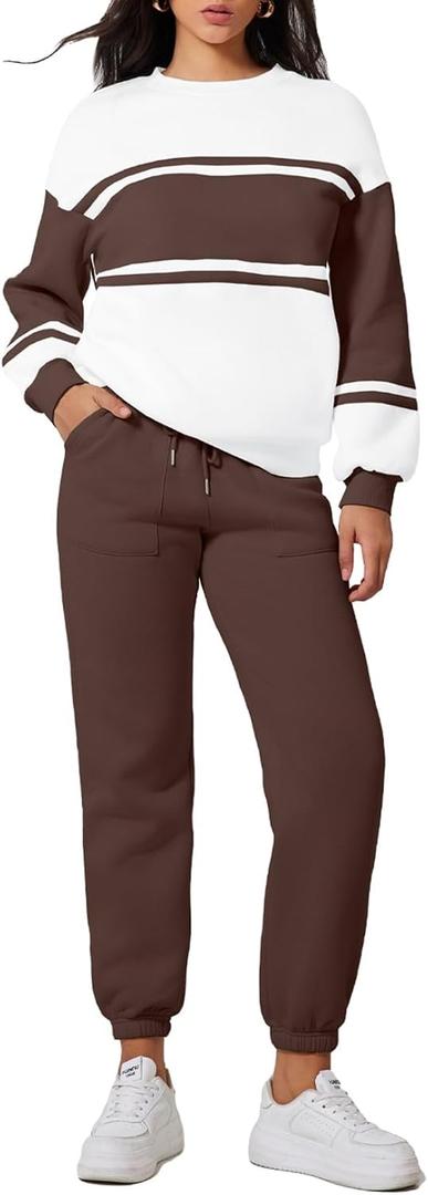 Herseas Womens 2 Piece Vacation Outfits Sweatsuit Plus Size Color Block Crewneck Pullover Sweatshirt Joggers Pants Fleece Tracksuit Matching Set Dark Brown Large 12 14