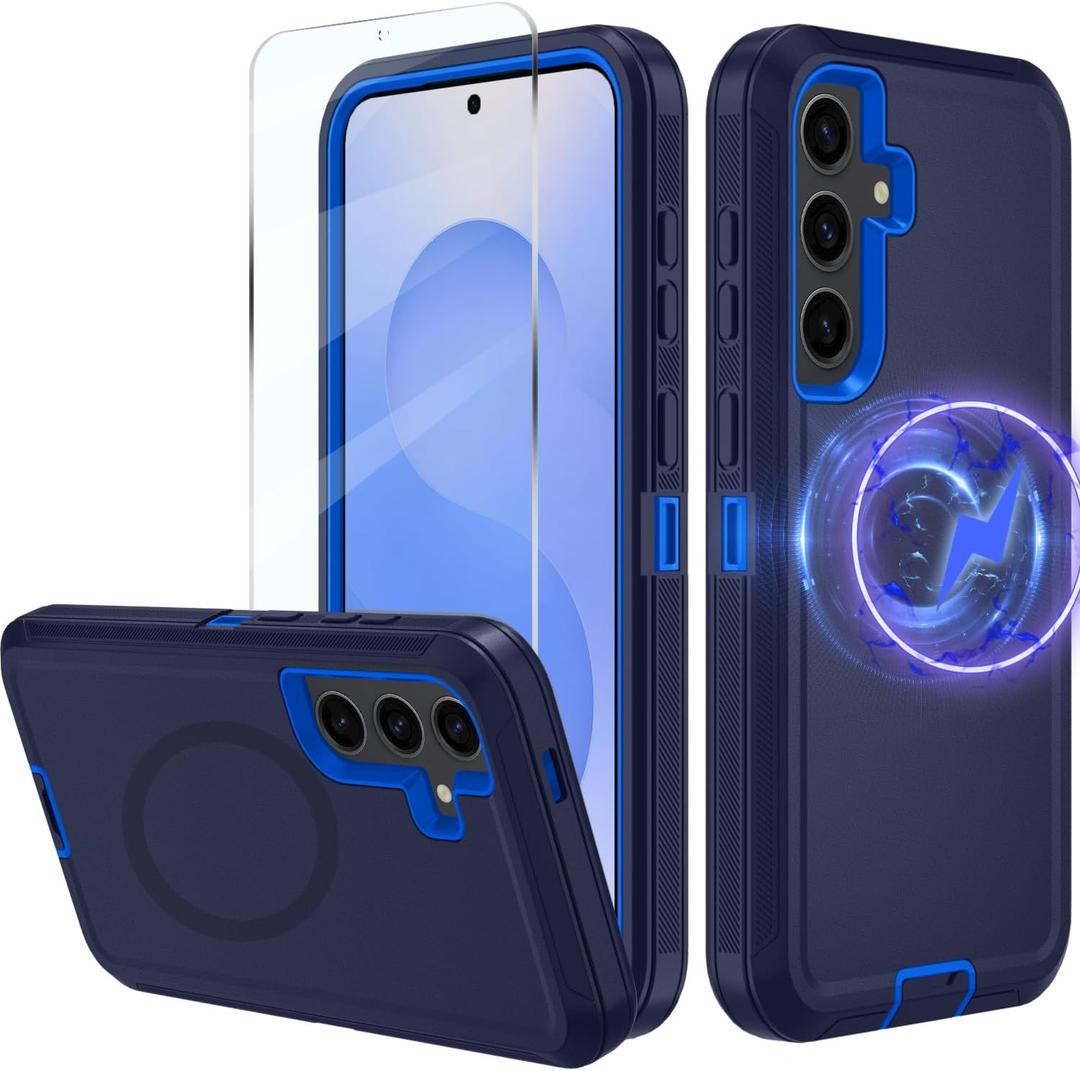 for Samsung Galaxy S25 fe Case, S25 fe Heavy Duty Magnetic case, [Compatible with Magsafe][Glass Screen Protector] [Military Grade Protective ] [Shockproof] [Dropproof] [Dust-Proof] (MAG- Dark Blue) (with Belt Clip, Blue/Pink)