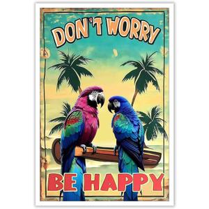 Retro Tiki Bar Signs Poster Don'T Worry Be Happy Canvas Wall Art Parrot On A Branch Tropical Beach Party Aesthetic Prints Painting For Outside Patio Backyard Courtyards Wall Decor 12x16in Unframed