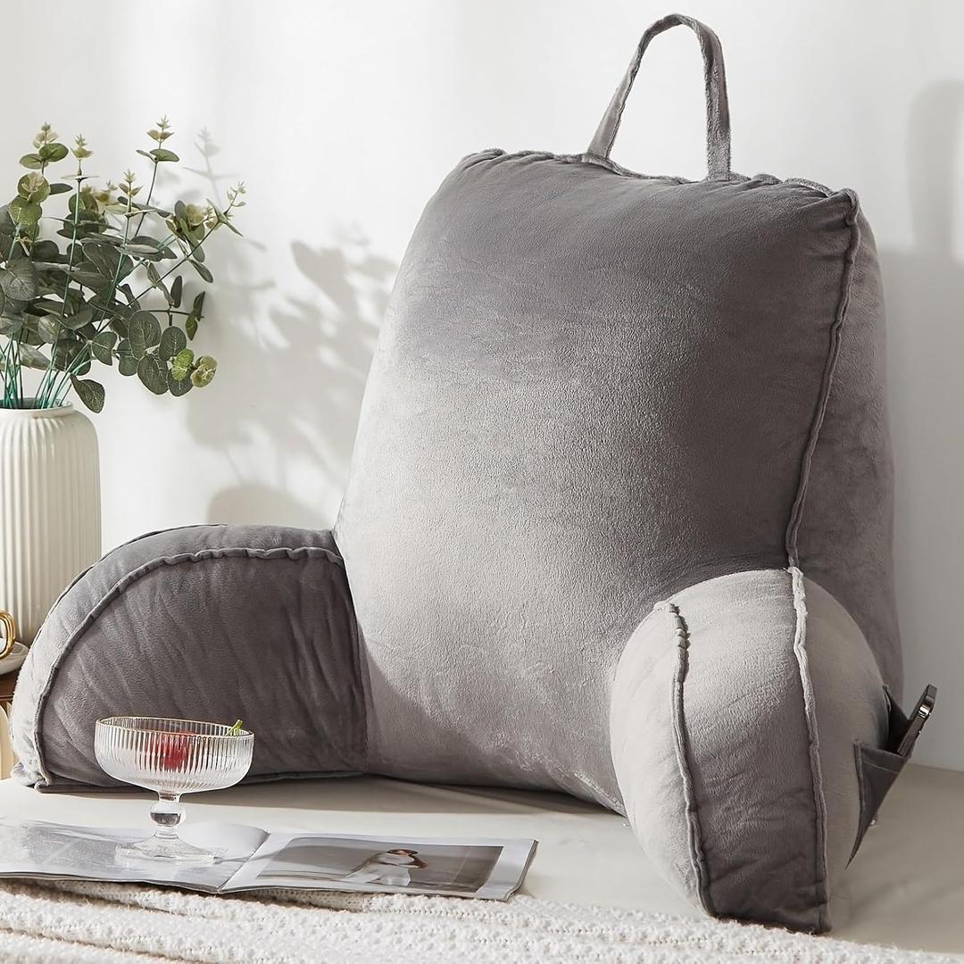 Reading Pillow for Sitting in Bed Adult,Back Pillow for Bed Sitting Up,Backrest Back Support Chair Pillow, College Dorm Essentials for Girls and Boys, Velvet Grey Large