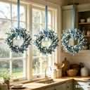 6 Pcs Small Blue Daisy Flower Hanging Wreaths for Cabinets with White Floral Eucalyptus Leaves Lavender Artificial Grains Mini Candle Rings Wreath for Home Front Door Farmhouse Coastal Blue Porch