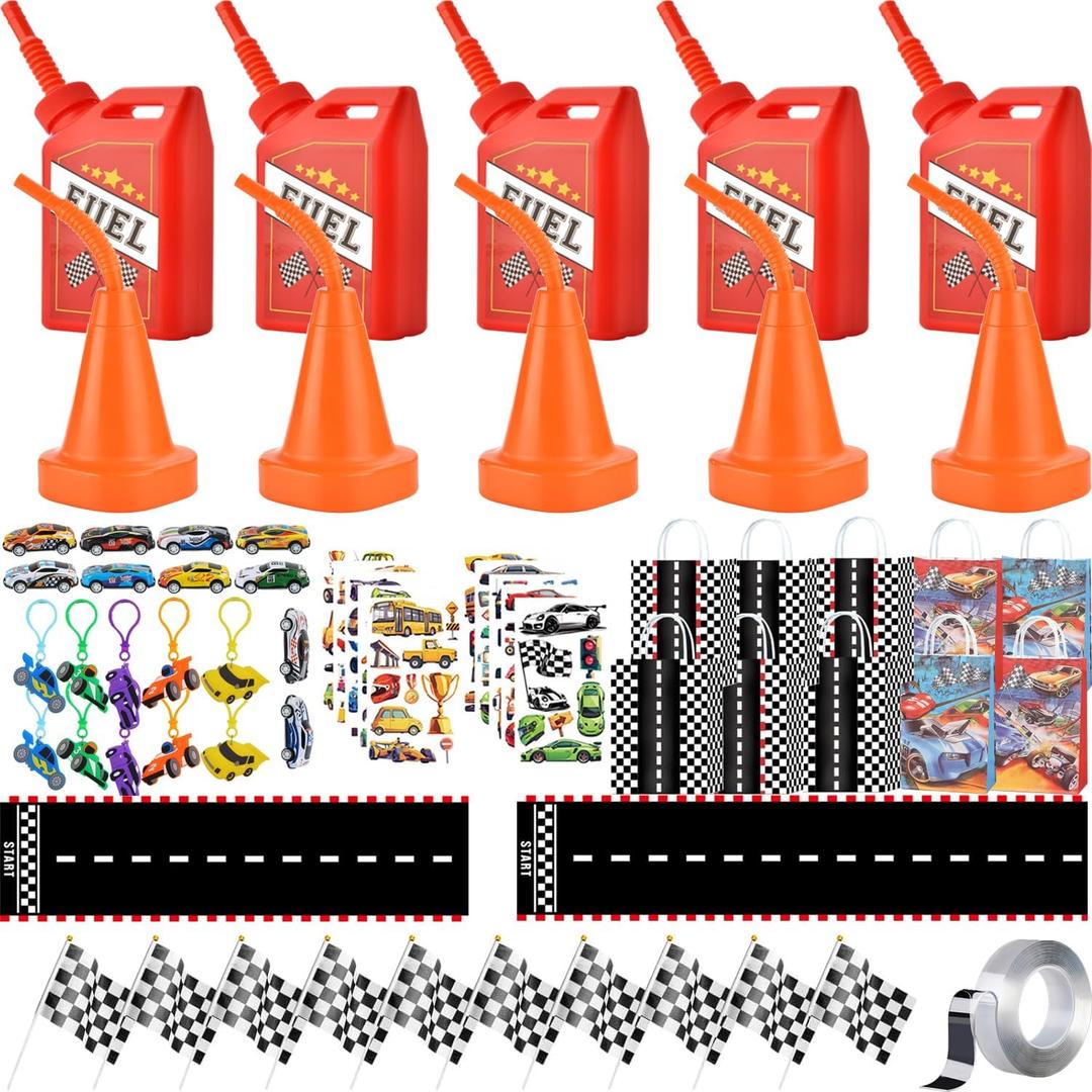 73 Pcs Racing Party Decoration, Kids Party Decoration 10 Race Car Cups with Straws Checkered Flag Race Gift Bag Racing Car &Sticker Keychain Racetrack Floor for Birthday Party Decoration