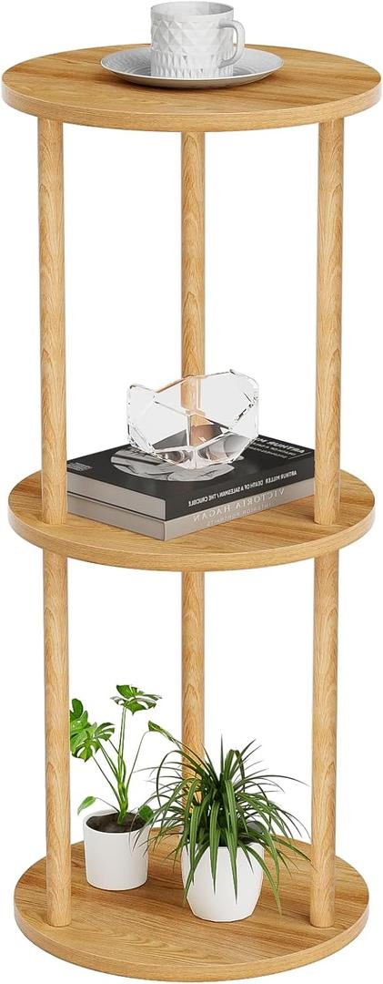 11.8'D Round Drink Table - 3-Tier Small Side Table with Wood Legs, End Table for Small Space, Balcony & Office | Space-Saving, Multi-Functional (Plants, Books, Drinks), Natural Wood