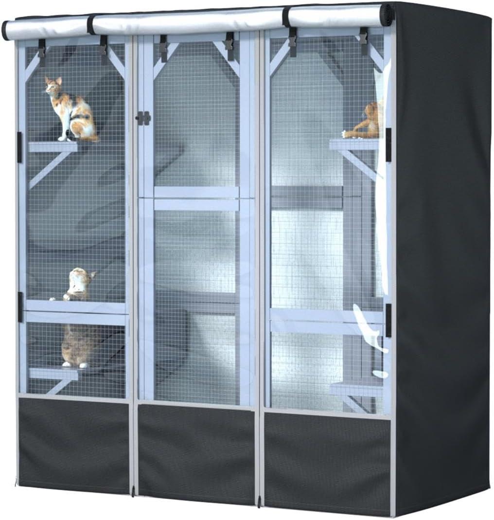 Outdoor Cat House Cover 63" L x 33" W x 70" H - 600D Waterproof Protective Cover for Large Cat Catio Enclosures, Full Coverage Protection, Secure Fit (Cover Only)
