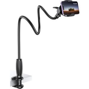Lamicall Gooseneck Phone Holder for Bed - [Upgraded Stable Clip] for Desk, Headboard, Bed, Bedside, Table, Flexible Gooseneck Long Arm Stand, Overhead Cell Phone Clamp Mount, Gift for All 4-7 Device (black)