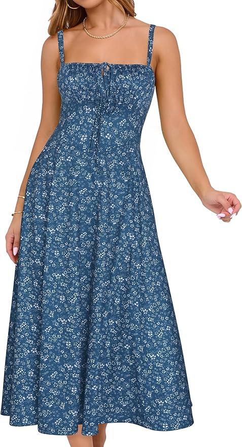 YATHON Women's Summer Midi Corset Boho Dresses Casual Floral Spaghetti Straps Lace Up Dress Flowy Aline Beach Sundress
(Large.)