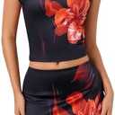 Verdusa Women's 2 Piece Floral Outfit Y2k One Shoulder Ruched Crop Tops Short Bodycon Skirt Set, Size M