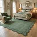 GarveeHome 6x9 Scalloped Area Rug Green Washable Rugs for Living Room Bedroom, Soft Low Pile Non Slip Accent Floor Mat Solid Floral Print Throw Rug Farmhouse Indoor Carpet for Dorm Playroom