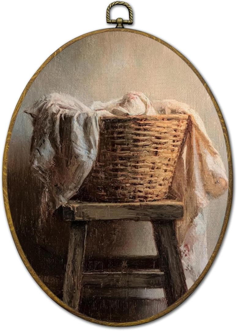 QZQE Vintage Laundry Room Oval Wall Art Decor Framed, Rustic Farmhouse Oval Canvas Prints, Country Laundry Basket Wall Hanging Decor for Bathroom Washroom Restroom, 8.6x11.4 Inch (Colour 15)