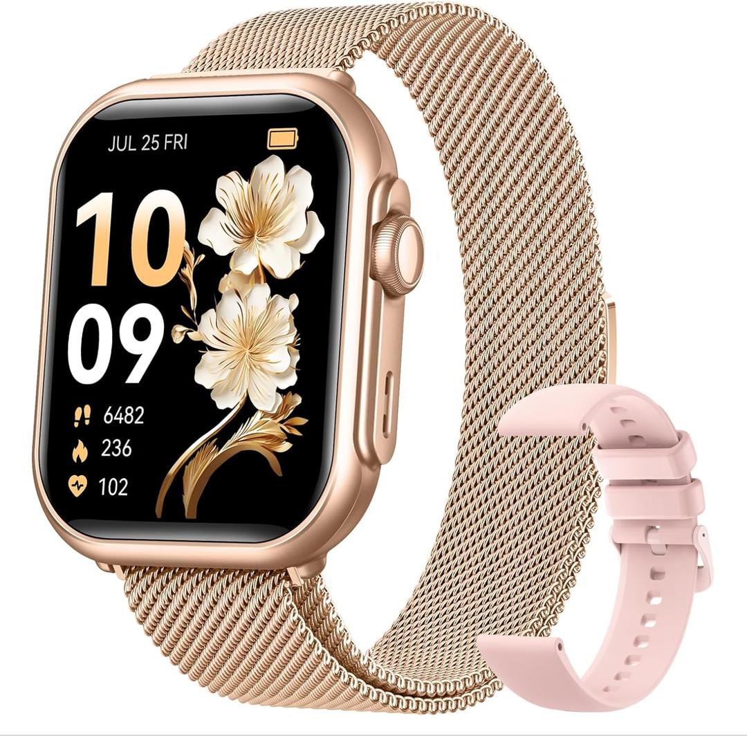 Smart Watch for Android/iPhone, 5ATM Fitness Watches for Women with 110+ Sports Modes, Bluetooth Calls/Messages/App Notifications, Health Monitor Blood Pressure/Heart Rate/SpO2/Sleep, Gifts for Women (Gold-Pink)