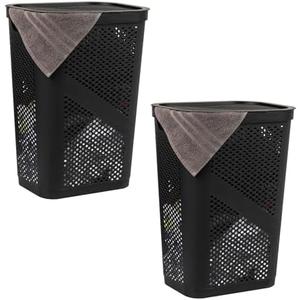 Mind Reader 60L Slim Laundry Hamper, Clothes Basket, Lid, Ventilated, Plastic, Set of 2, Black