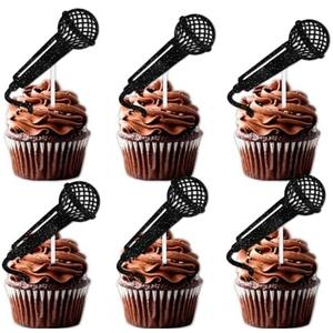 18pcs Black Glitter Microphone Dessert Cupcake Topper for Music KTV Theme Decor Supplies Boys Girls Happy Birthday Anniversary Wedding Party Decoration