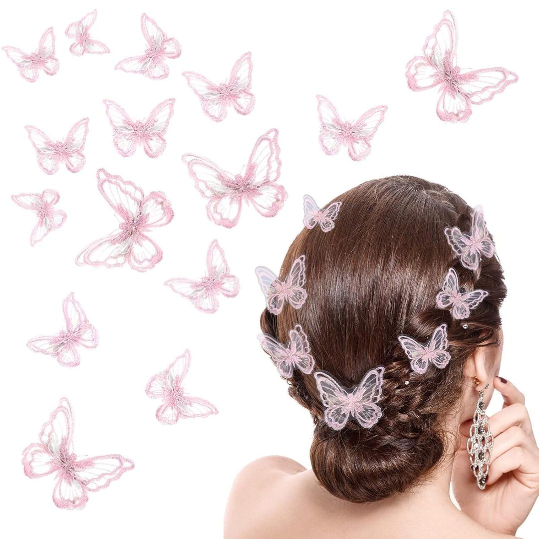 WILLBOND 18 Pcs Butterfly Hair Clip Lace Bows Double-sided Embroidery Butterfly Hair Barrettes Accessories for Women Wedding Birthday Party Favors Decorations, 2 Sizes(Pink)
