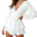 Bonkwa Women's Summer Deep V-Neck Floral Print Romper Long Baggy Sleeves Double Layer Ruffle Hem Short Jumpsuits with Belt