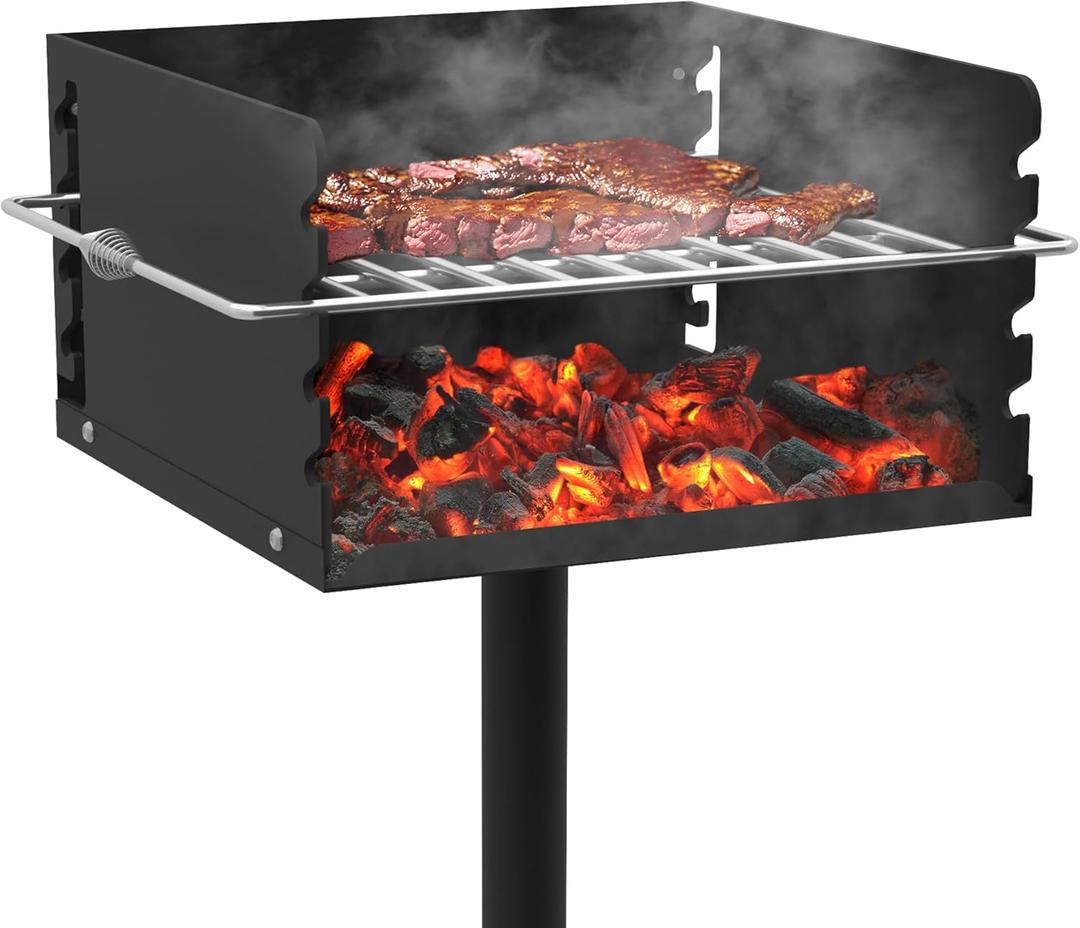 Park Style Charcoal Grill, Heavy Duty In Ground Park Grill with Stainless Steel Cooking Grate and Cover for Commercial and Outdoor Cooking 16'' L x 16'' W x 8'' H