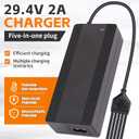 29.4V 2A Lithium Battery Charger, 5-in-1 Universal Plug Smart Charger for 24V 25.2V 25.6V 7S Lithium Battery Packs, Compatible with E-Scooters and Electric Devices, UL FCC CE Certified