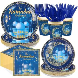 168Pcs Blue Eid Ramadan Decorations for Home Mosque Lantern Moon Plates and Napkins Cups Forks Islamic Muslim Decor Tableware Sets for Eid al-Fitr Decor al-Adha Festival Home Party Supplies Serves 24