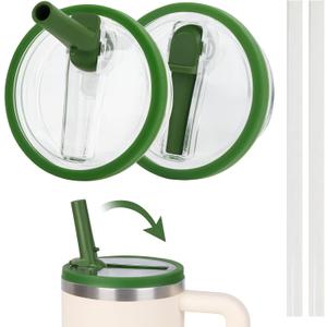 30 oz Replacement Lid for Stanley Quencher Tumbler Flip Straw, 2 PCS Spill Proof Lid Accessories Fit for Stanley with handle, Leak-Proof Splash Resistant Replaceble Cover Cap forStanley,Dark Green*2