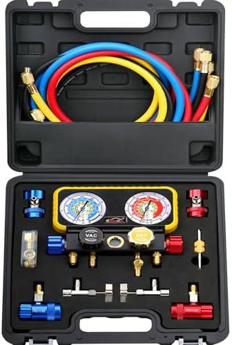 R1234YF R134A AC Gauge Set 4 Valve Manifold HVAC Gauges with Hoses Compatible with R1234YF R404a R134a System Air Conditioner Recharge Kit
