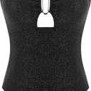 ZAFUL Women's One Piece Swimsuit Ribbed Open Back Bathing Suit Tummy Control Scoop Neck Adjustable Straps High Cut Swimwear (2-dark Black)