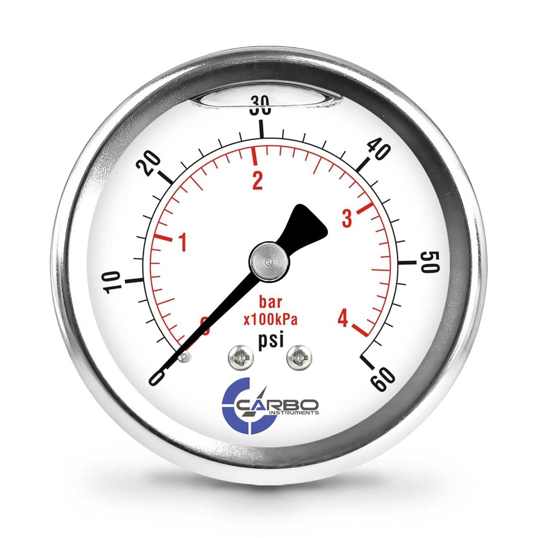 2 1-2" Pressure Gauge, Stainless Steel Case, Chrome Plated Brass Connection, Liquid Filled, 0-60 psi/kPa, Back Mount 1/4" NPT