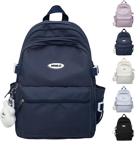  Kawaii Backpack with Cute Accessories Casual Aesthetic Daypack Simple Laptop Bag Waterproof Travel Rucksack for Women (dark blue)