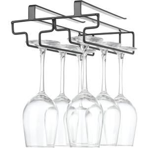 Wine Glass Rack Under Cabinet Drilling Free No Screw Steamware Holder Under Shelf Metal Wine Glasses Holders 304 Stainless Steel Hanger Storage Organizer Hanging Glass Fit for Bar Kitchen 2 Rows Black